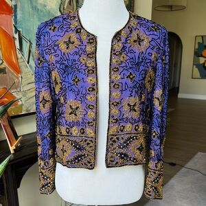Vintage 90s Silk Adrianna Papell Beaded Purple and Gold Embellished Blazer